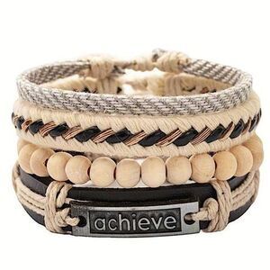 Boho Chic Wood Bead & Braided Bracelet Set ACHIEVE Charm Layered Stack Jewelry